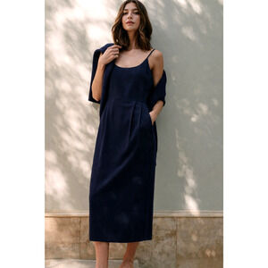 Jenni Kayne S Raw Silk Rove Dress $495 Midi Fitted Bodice Pencil Skirt Navy Blue